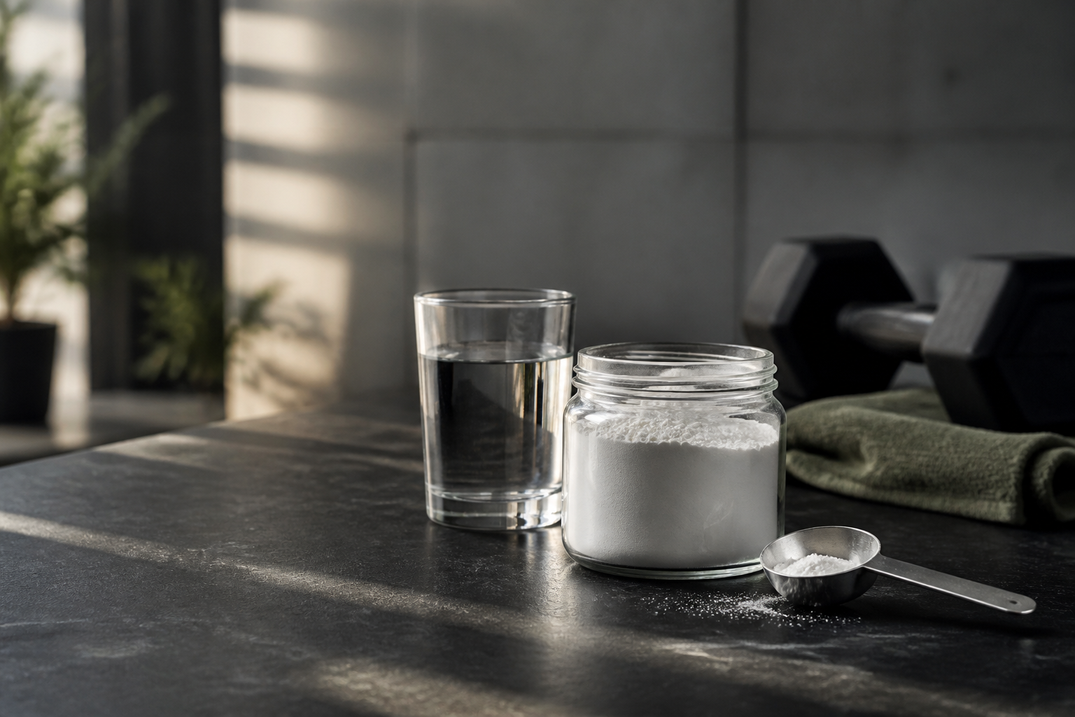 Créatine monohydrate, verre d’eau et haltères dans une salle de sport