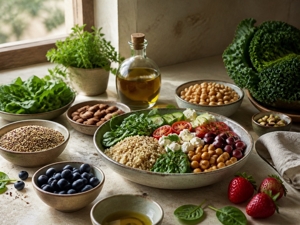 Aliments variés composant un repas équilibré